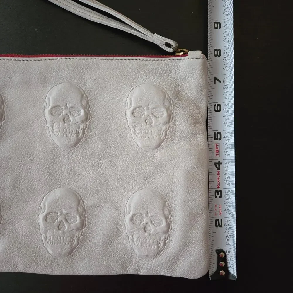 Goth Skull Embossed Leather Wristlet Creamy Gray Italy Made Alternative Edgy